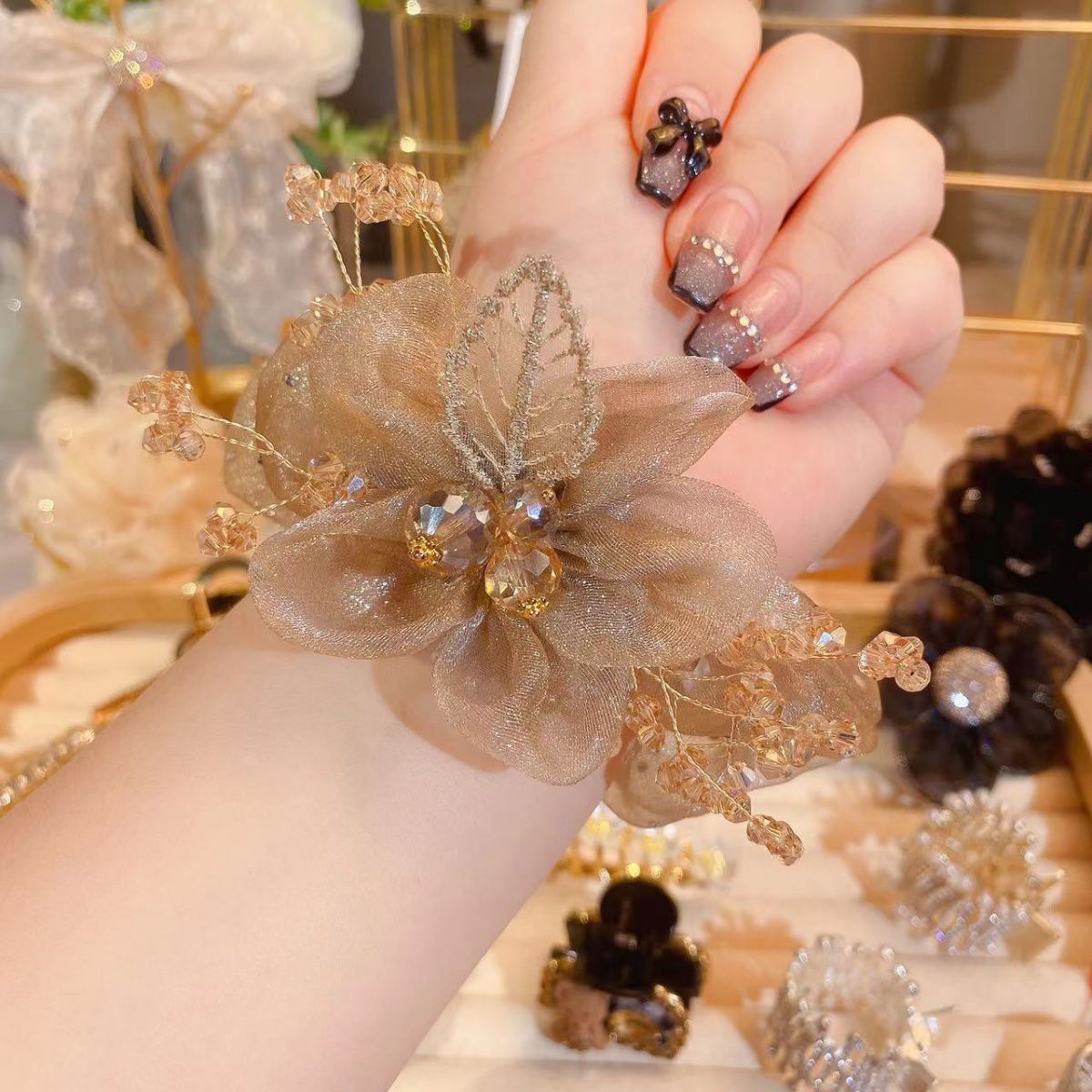 Luxurious Organza Elastic Hair Tie With Crystal-Gomyhair